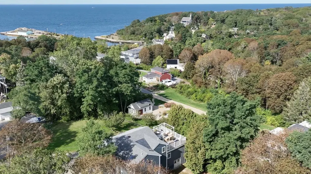 Aerial view of a coastal neighborhood with houses nestled among green trees, and the blue ocean in the background.