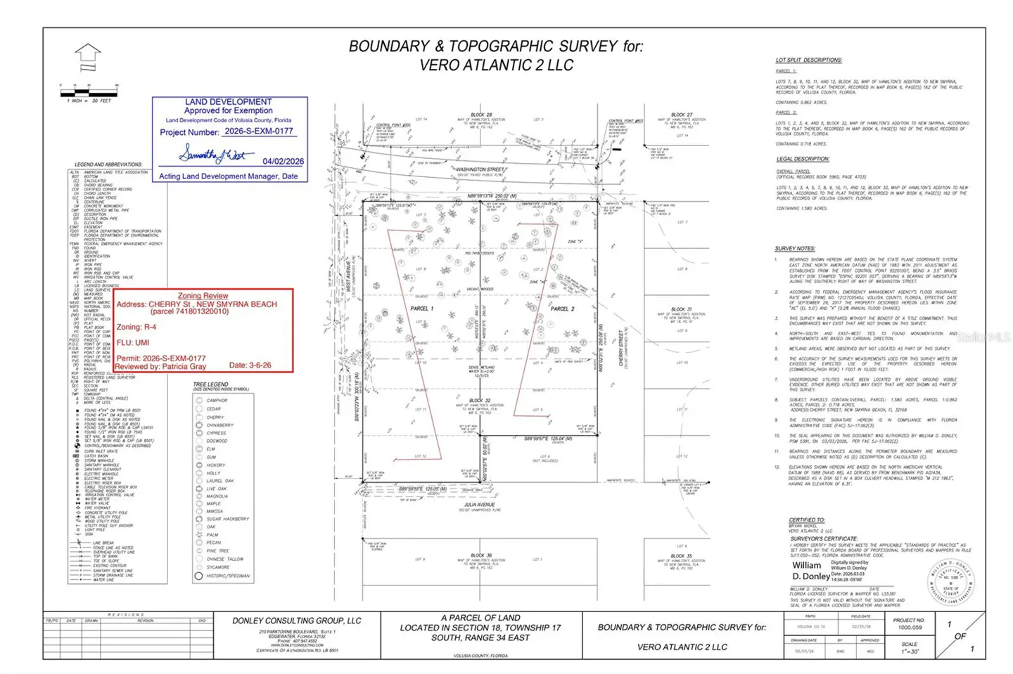 Blueprint of a boundary and topographic survey for Vero Atlantic 2 LLC, with zoning review details and tree legend.