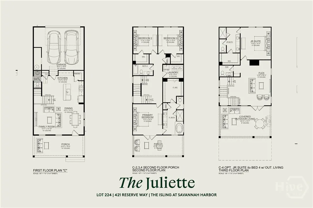 Floor plan for "The Juliette" house, showing first, second, and third floors with rooms labeled.