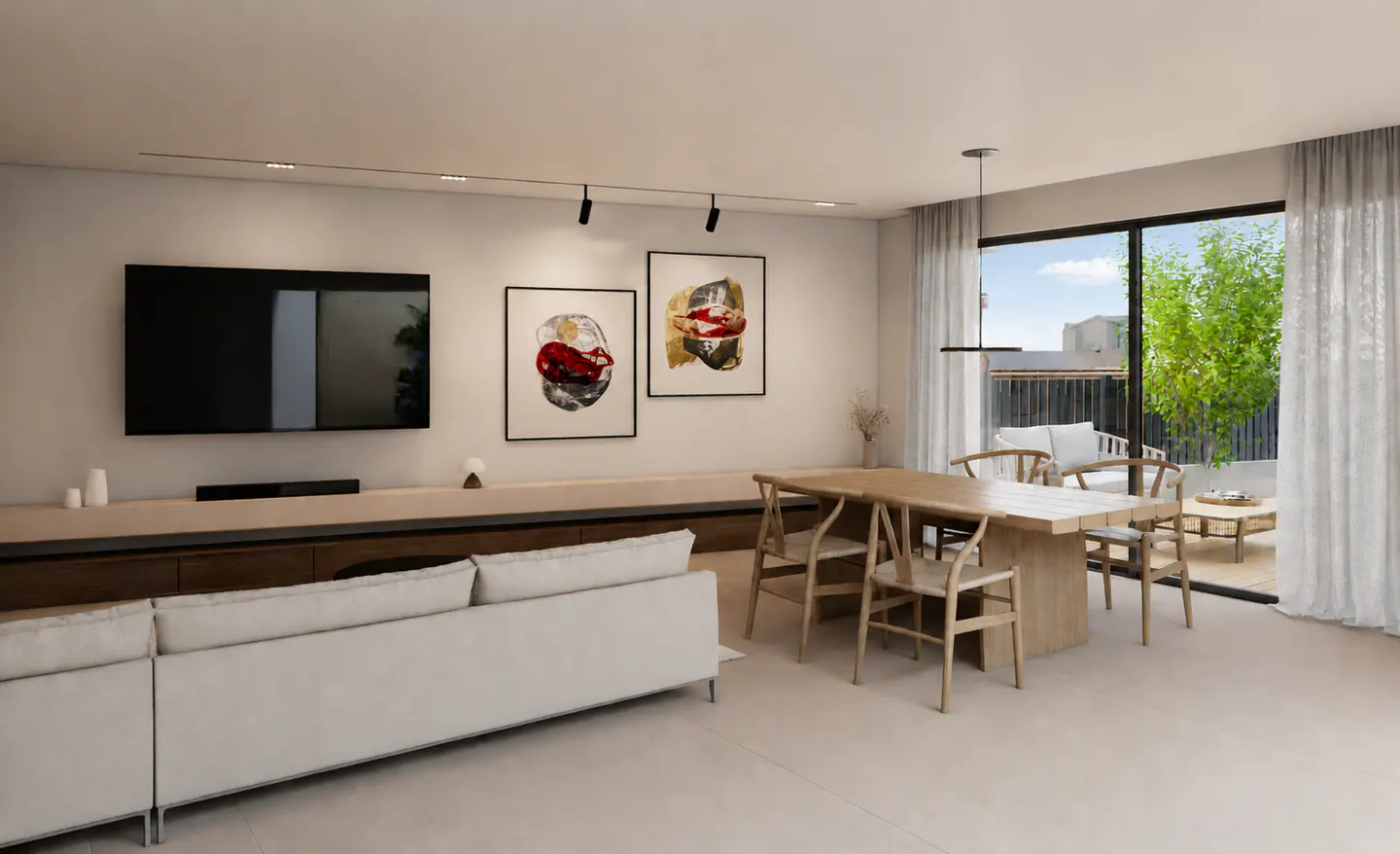Living room with a white sofa, TV, abstract art, and a wooden dining table near a glass door to a patio.