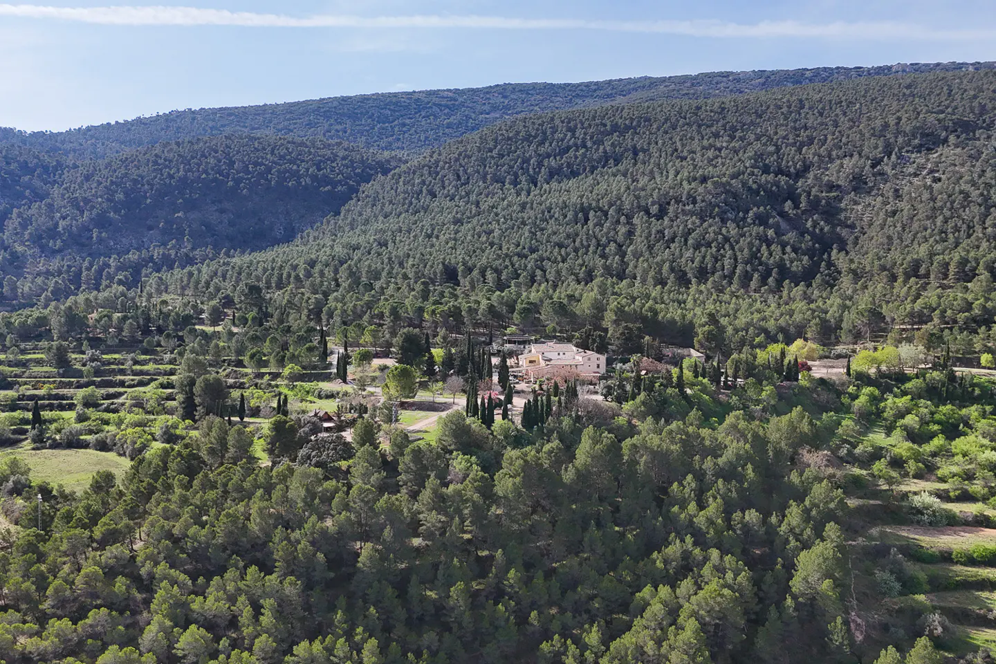 Aerial view of a large, light-colored house nestled among green trees and terraced fields, backed by a forested mountain under a blue sky.