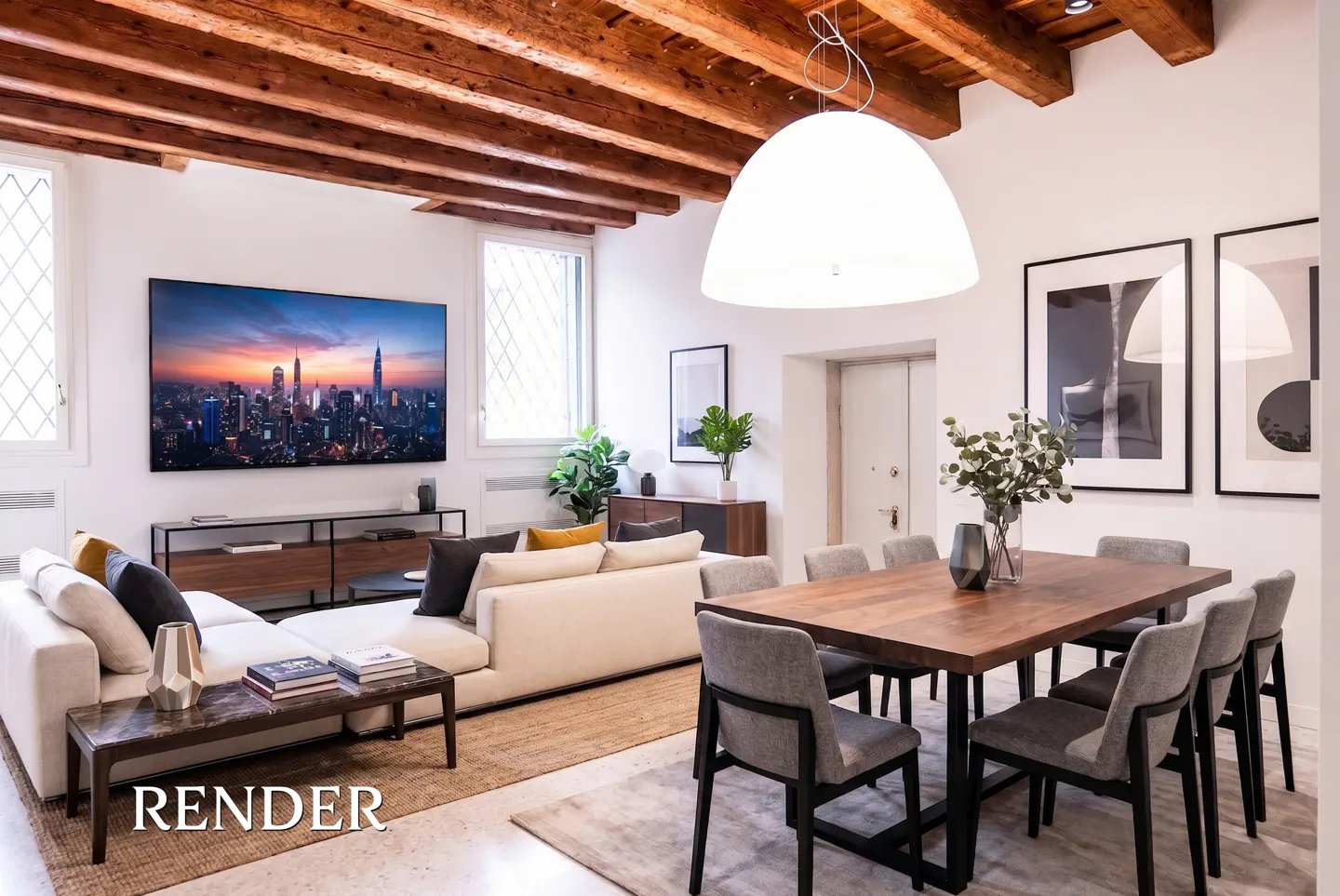 Living room with exposed wood beams, white walls, and a large sectional sofa. A dining table with eight chairs sits near abstract art.