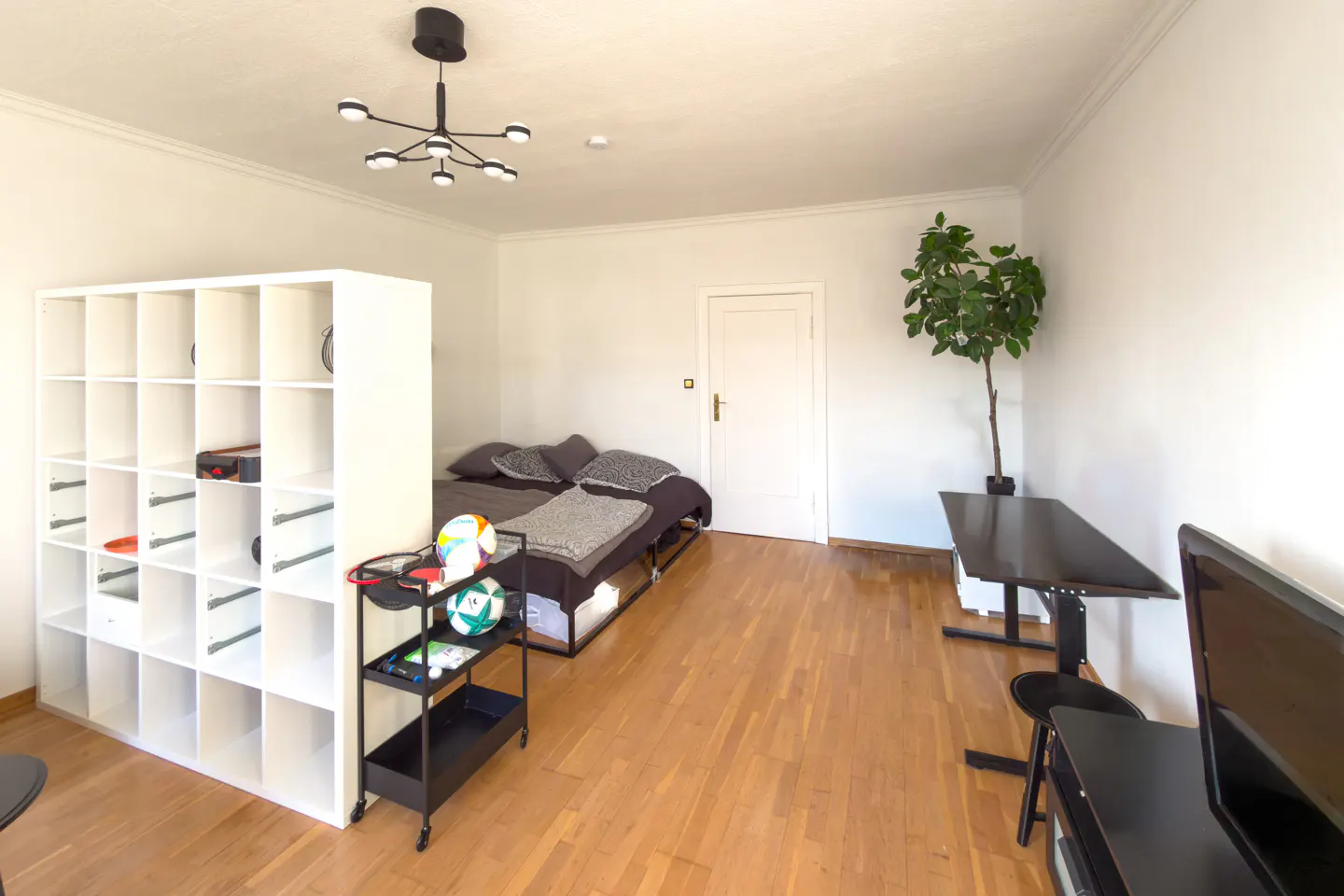 Bright room with a bed, desk, and white shelving unit. A black light fixture hangs from the ceiling. A plant sits near the desk.