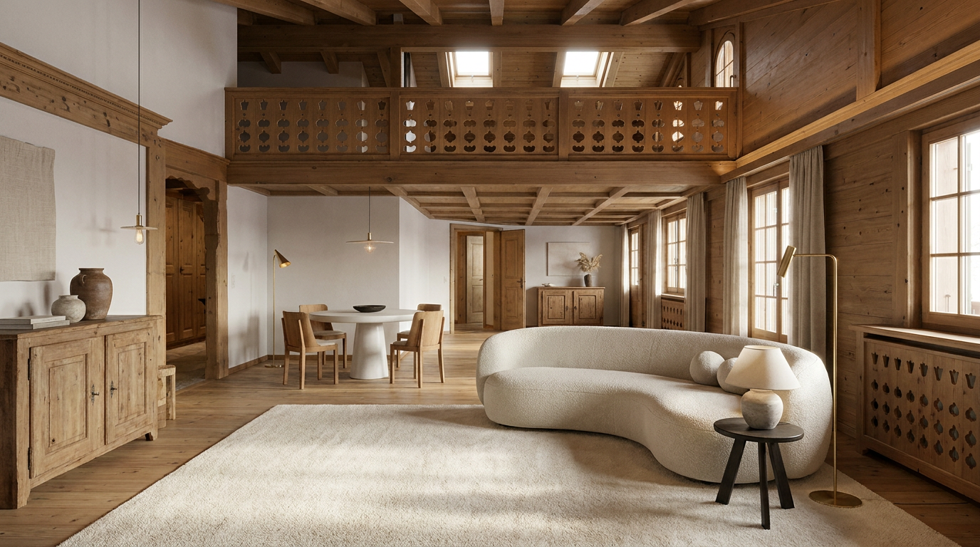 Rustic living room with a curved cream sofa, wooden beams, a dining area, and a loft balcony in a warm, neutral interior. [search.image.alt.aiModified]