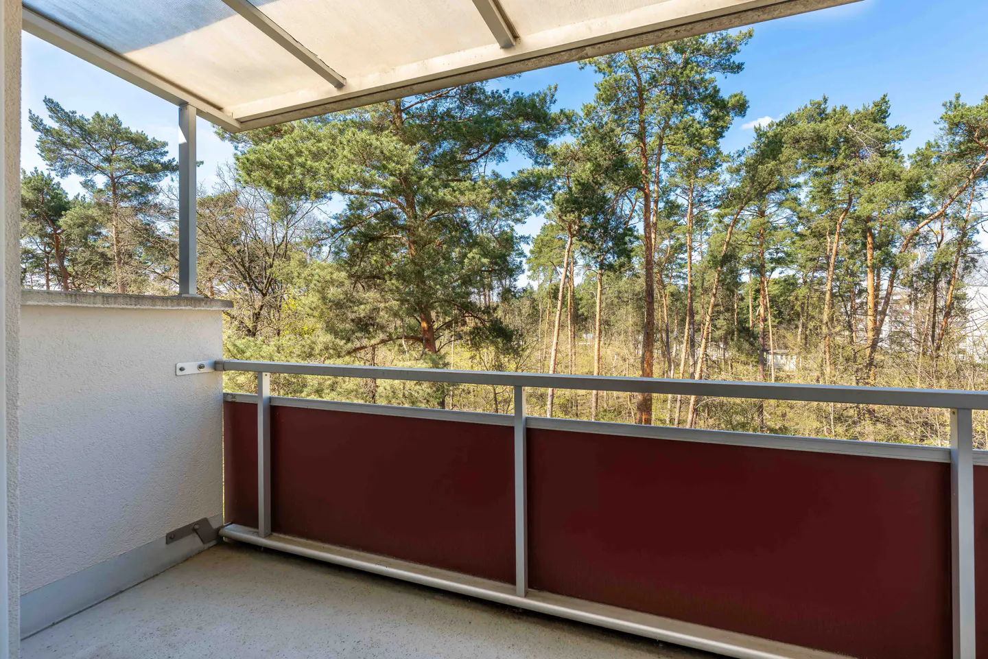 A balcony with a red panel and metal railing overlooks a forest of tall green trees under a blue sky.