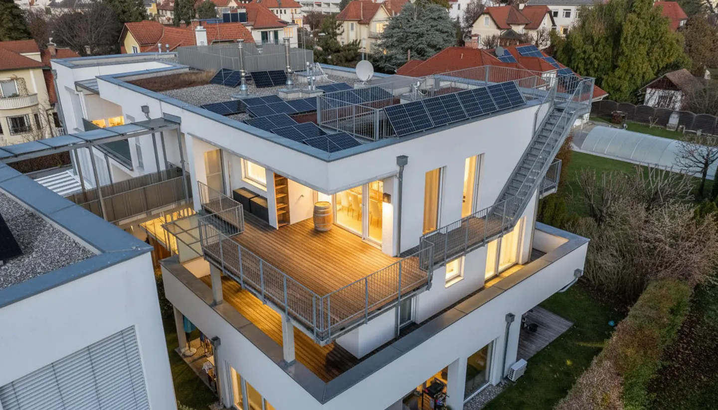 Aerial view of a modern white building with a wooden deck, metal railings, and solar panels on the roof. A metal staircase is on the side.