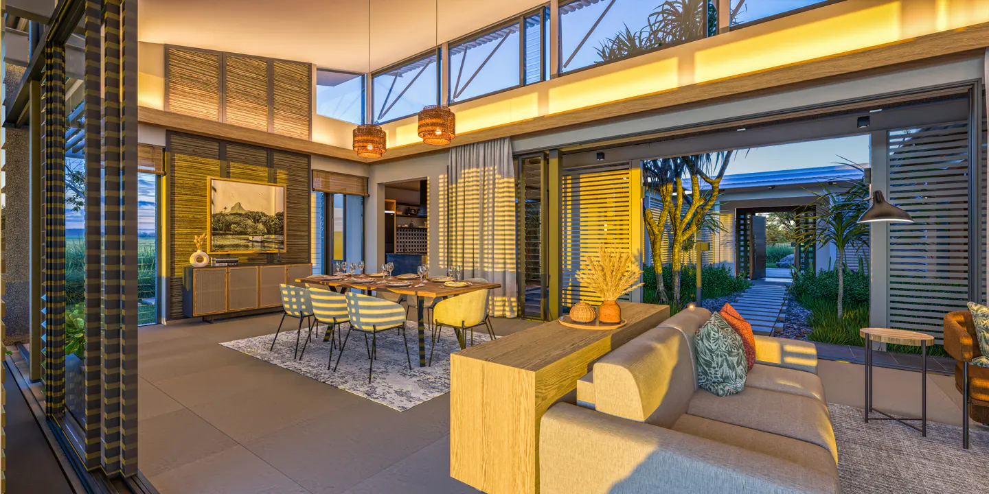 A modern living and dining area with a table set for six, a beige sofa, and an open view to a garden.