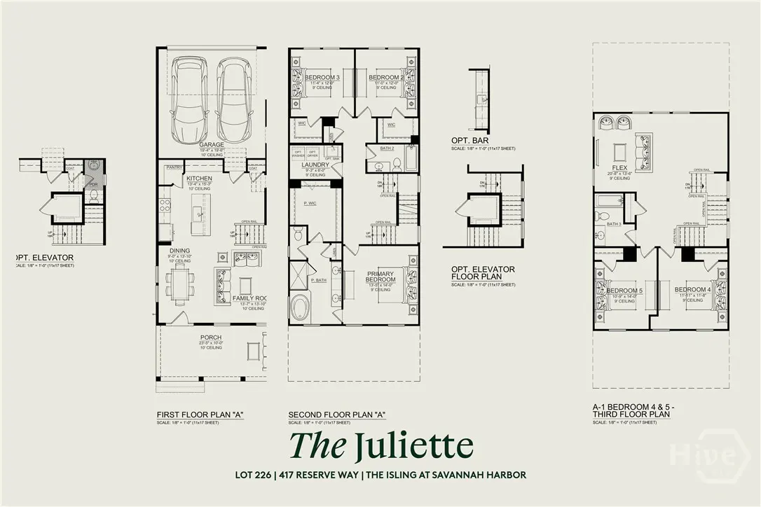 Floor plan for "The Juliette" home featuring a garage, kitchen, dining, bedrooms, laundry, and flex space. Optional bar and elevator layouts included.