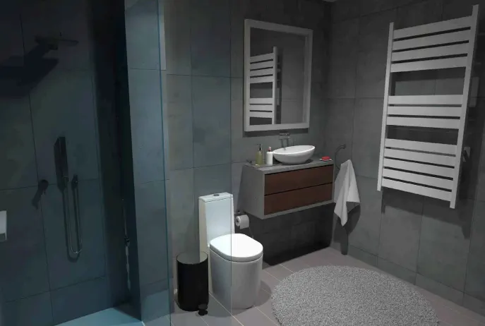 Modern bathroom with gray tile walls, white toilet, vanity with sink, mirror, and white towel warmer. A gray rug sits on the floor.
