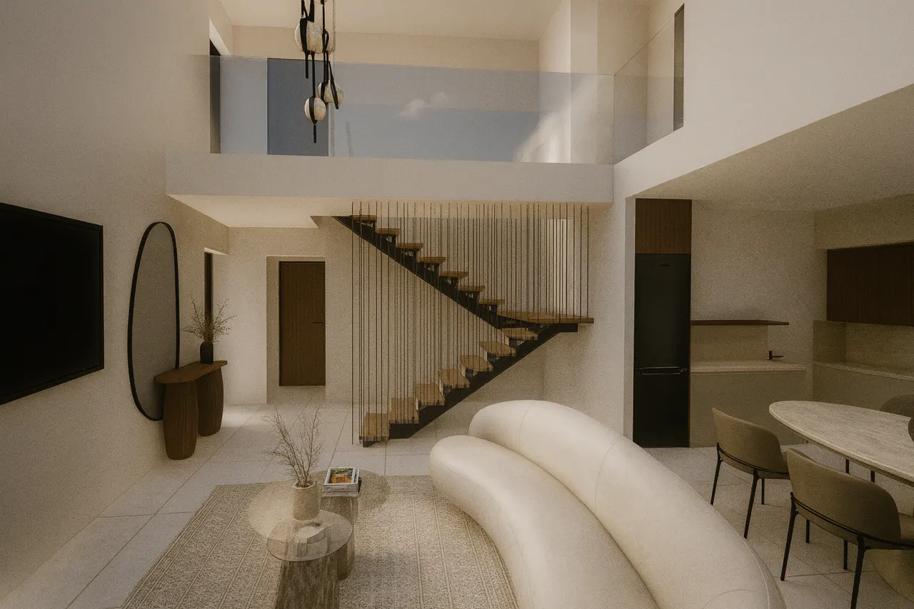 Modern open-plan living area with a curved white sofa, floating staircase, and dining space in a neutral, minimalist home.