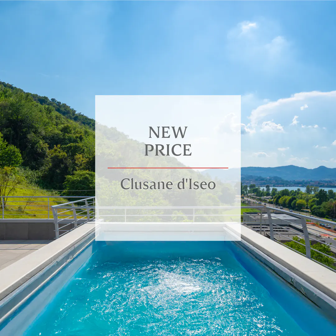 Rooftop pool with turquoise water, overlooking green hills and a lake under a blue sky. "New Price Clusane d'Iseo" text overlay.