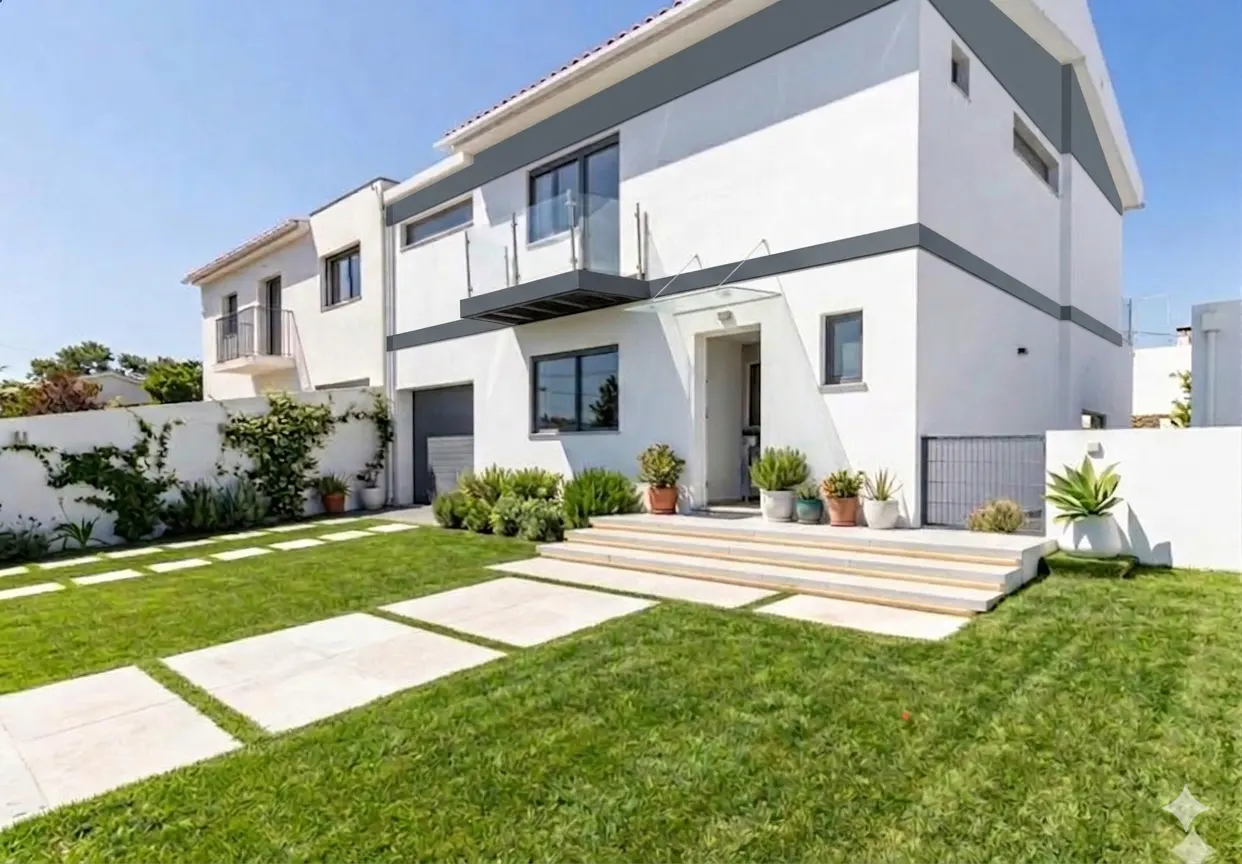 Modern white two-story house with gray accents, a balcony, stone steps, and a manicured lawn with concrete pavers.
