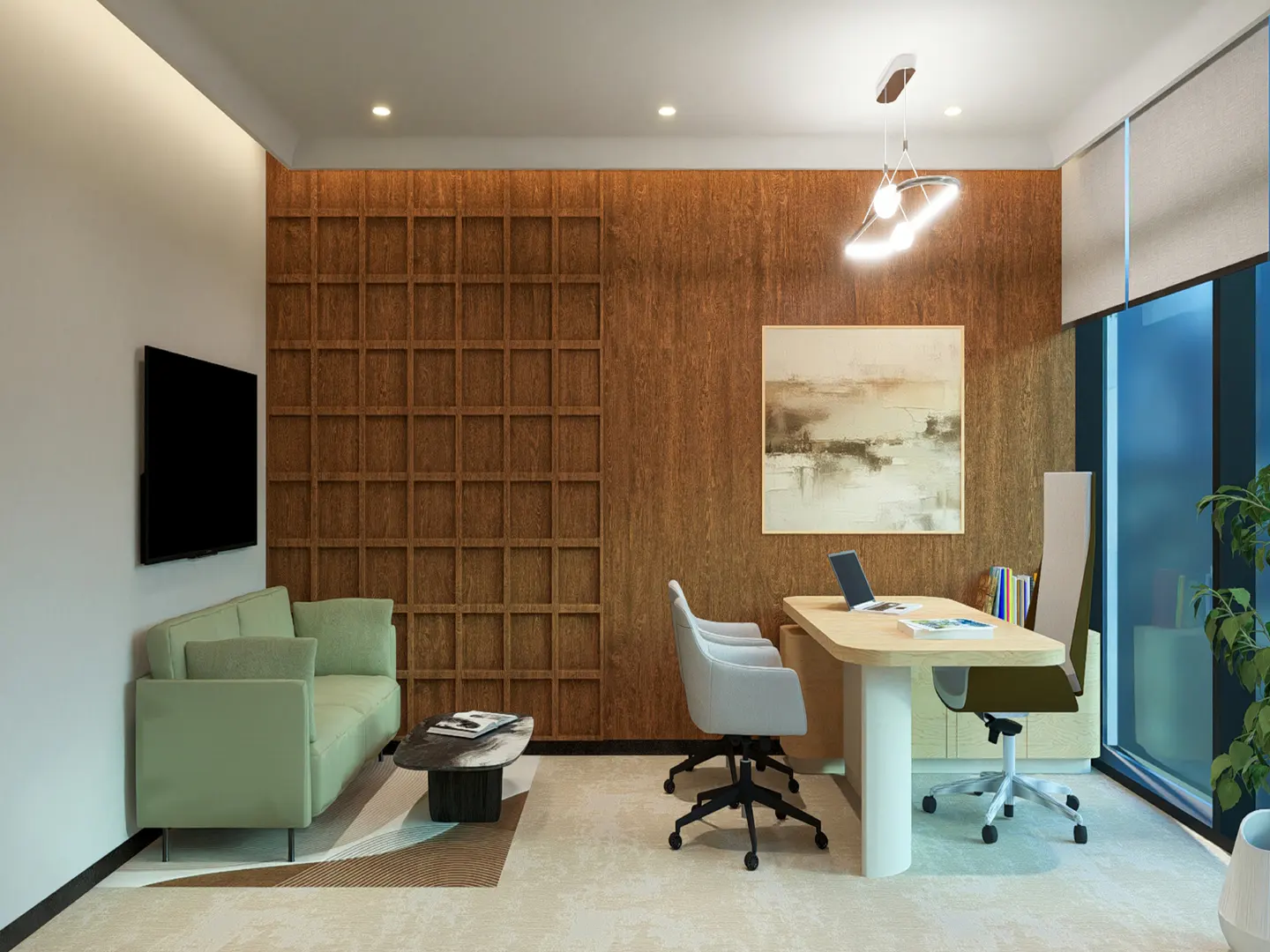 A modern office space with a green sofa, desk with laptop, and brown wood-paneled wall. A painting hangs above the desk.