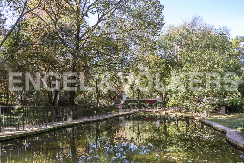 Scenic view of a pond reflecting trees under a blue sky, framed by stone edges and a black metal fence.