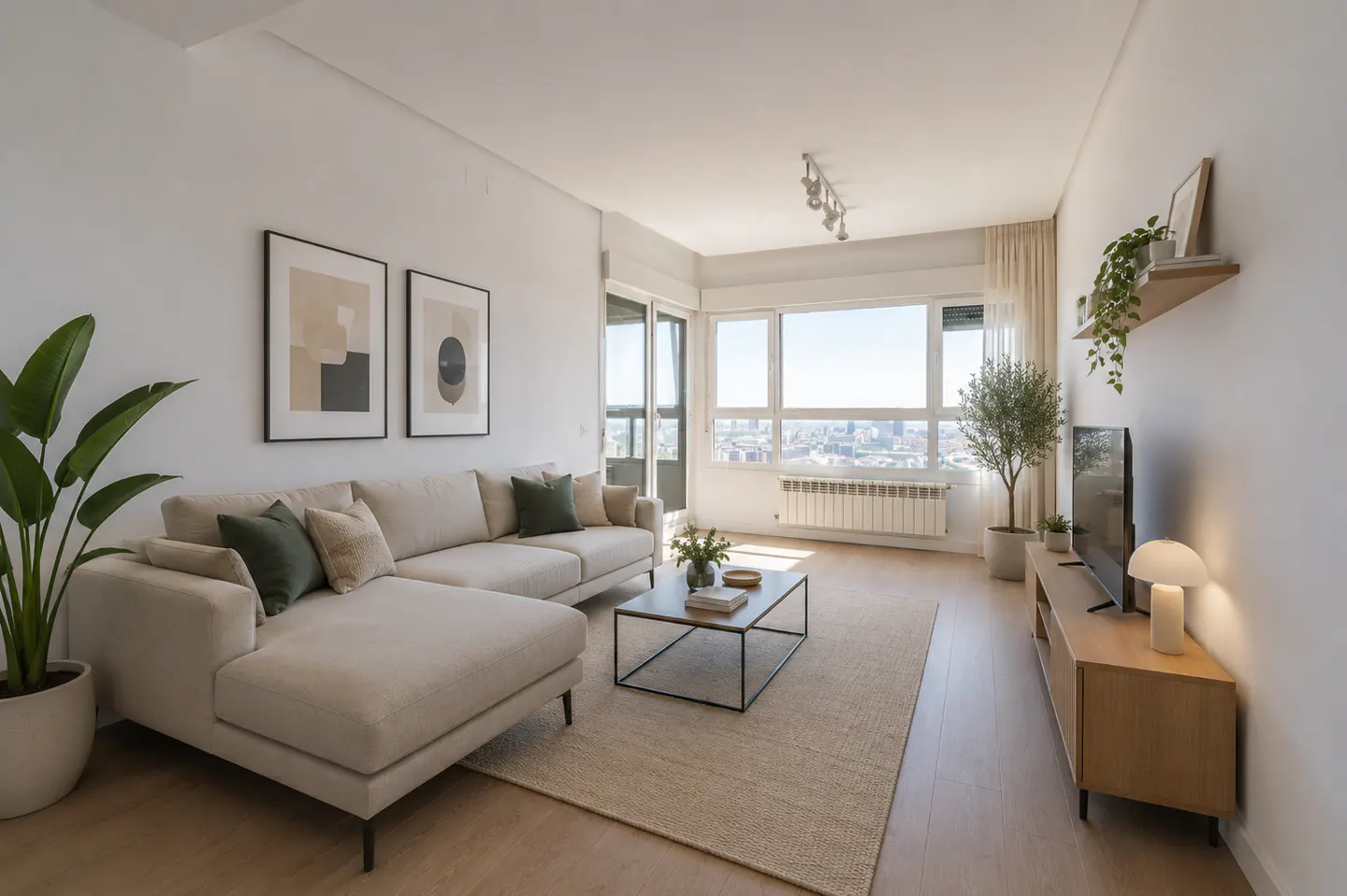 Modern living room with a beige sectional sofa, coffee table, TV console, and large windows overlooking a city view.