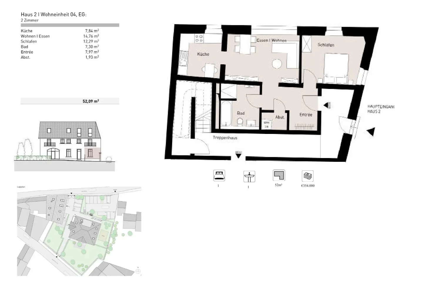 Floor plan of a 2-room apartment with kitchen, living/dining area, bedroom, bathroom, and entrance. Includes building elevation and site plan.