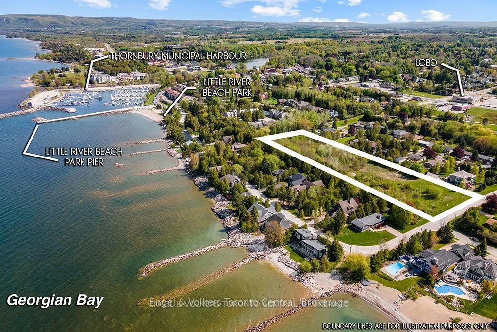 Aerial view of a waterfront property outlined in white, near Georgian Bay, with a harbor and residential area.