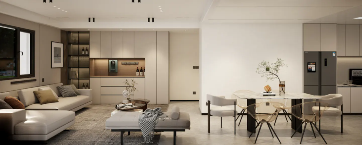 A modern living and dining area with neutral tones. A sofa, dining table with chairs, and built-in cabinets are visible.