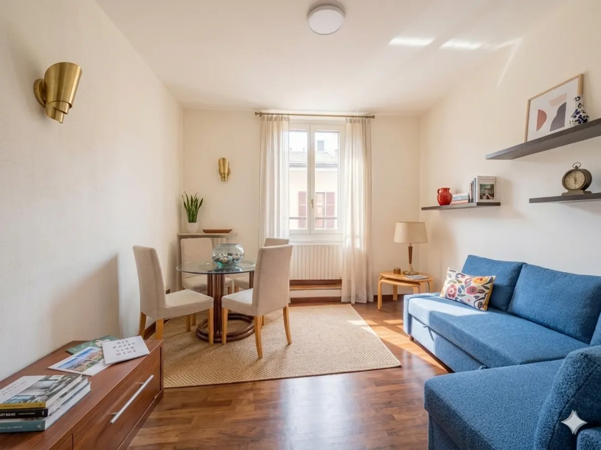 A bright living room with a blue sofa, a round glass table with chairs, and dark wood floors.