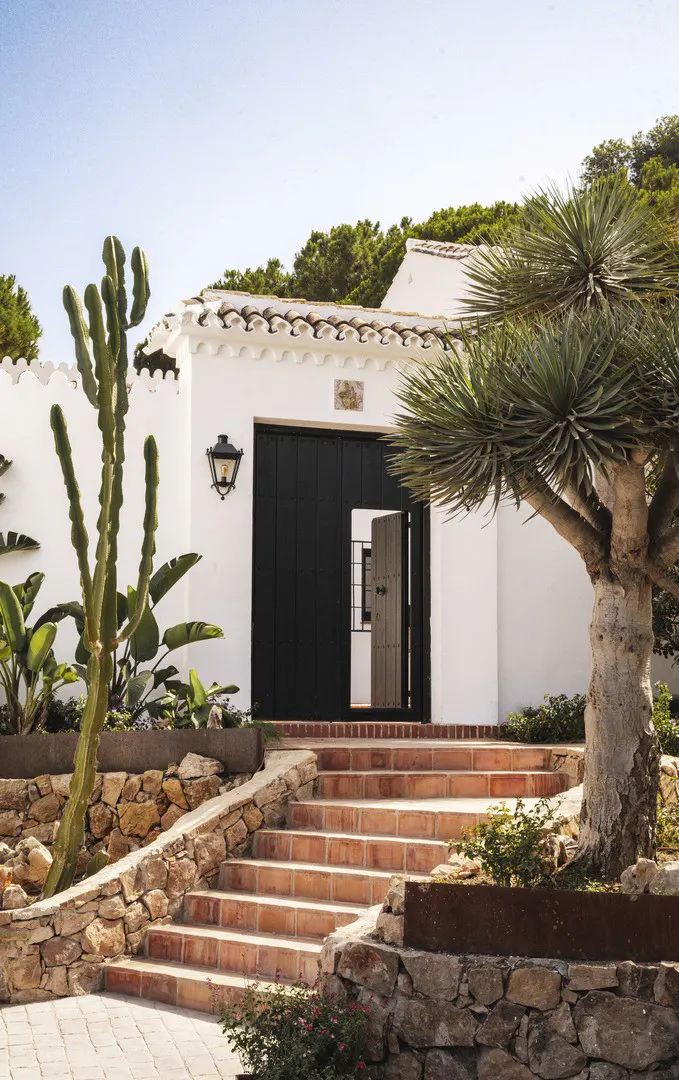 Exterior of a white building with a black door ajar, terracotta steps, and desert landscaping.