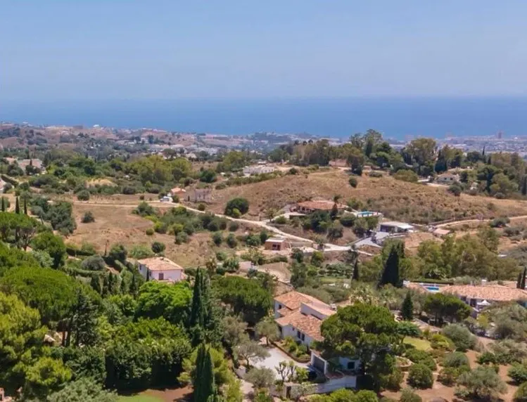 Aerial view of hillside homes with red tile roofs, green trees, and blue ocean in the background.