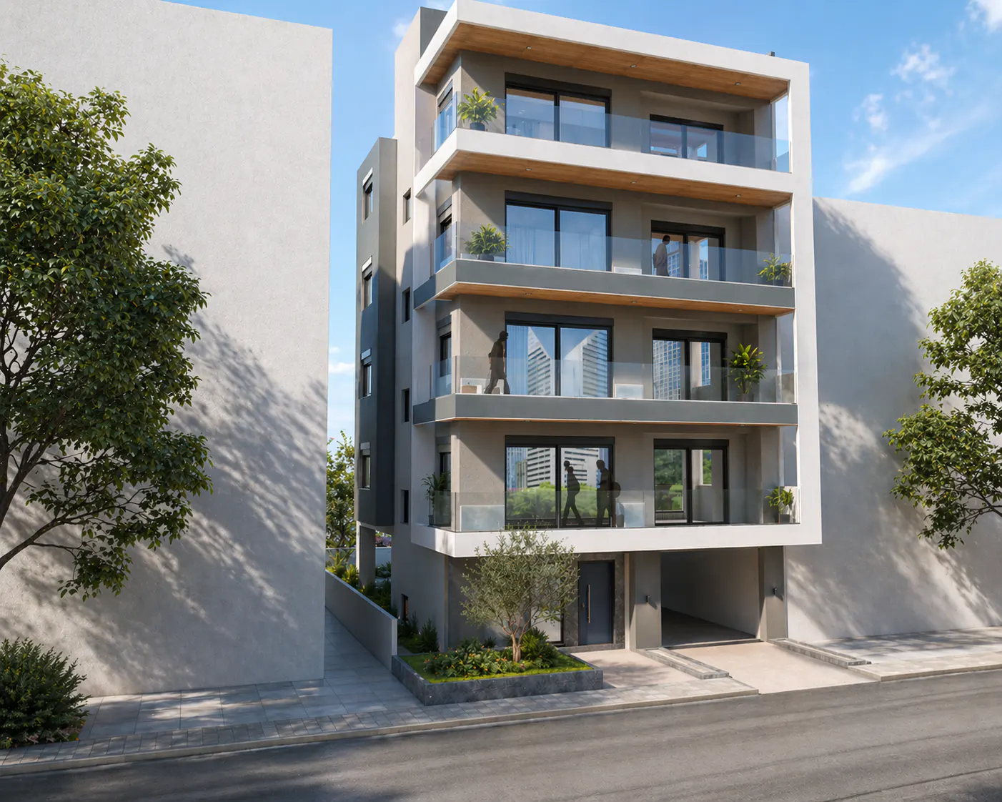 Modern four-story apartment building with glass balconies, trees, and a street view.