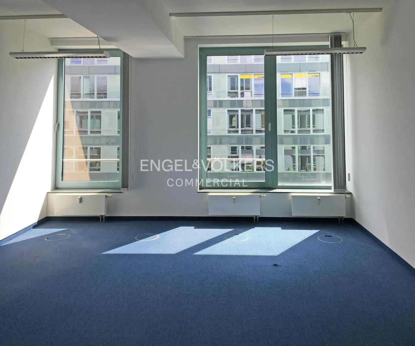 Empty office with blue carpet, white walls, and large windows overlooking a modern building exterior.