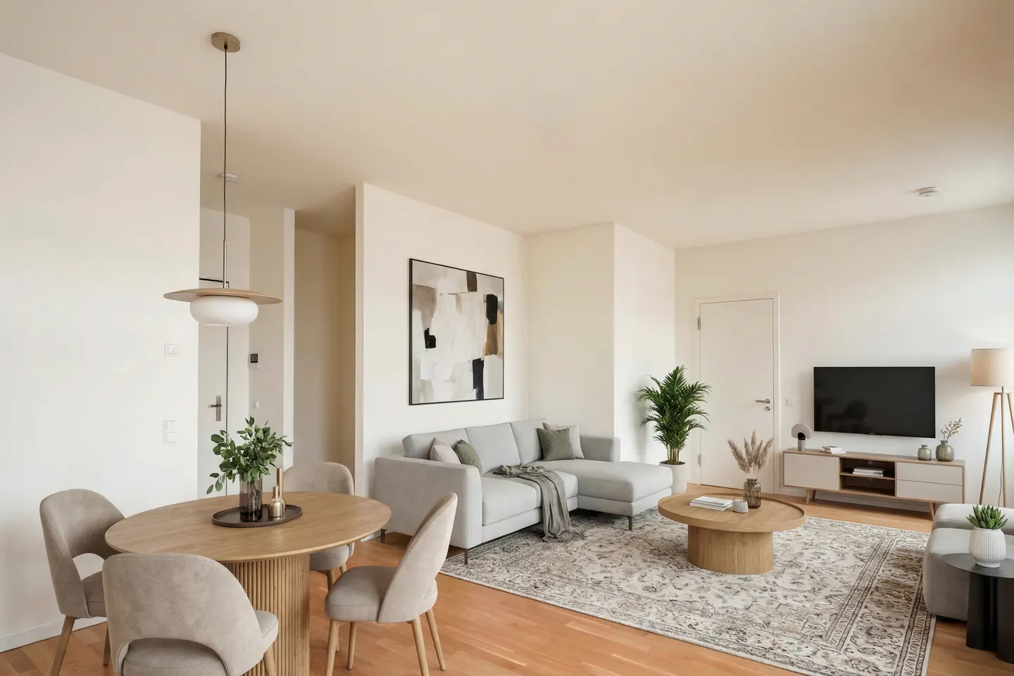 Bright, modern living room with a round wood table, gray chairs, a gray sectional sofa, and a large abstract painting.