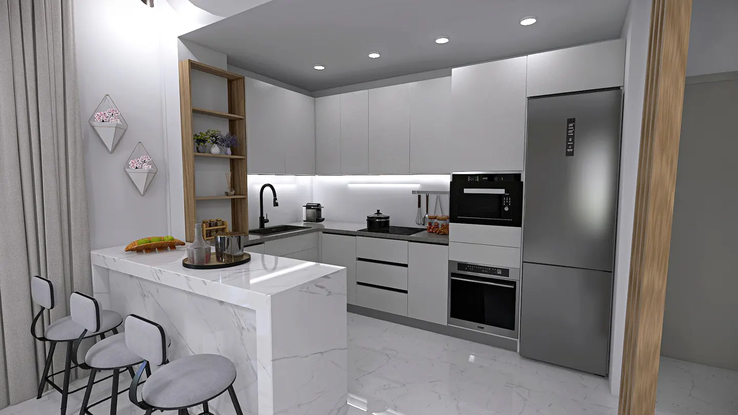 A modern kitchen with white cabinets, a marble countertop island with three stools, and a stainless steel refrigerator.