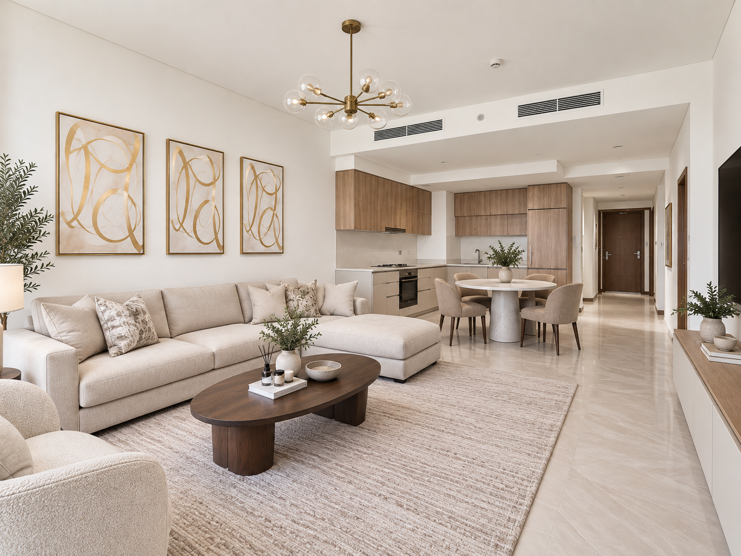 Modern open-plan living room with beige sectional, oval wood coffee table, dining area, and light wood kitchen cabinetry. [AI-generated text]
