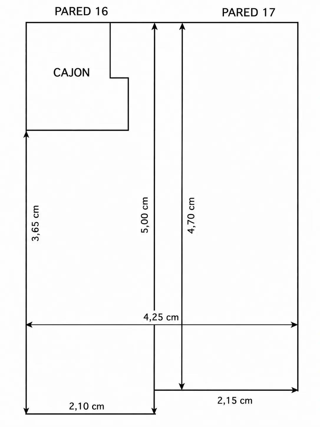 Blueprint of walls 16 and 17, with measurements in centimeters. Wall 16 has a "CAJON" (drawer) feature. Black lines on white background.