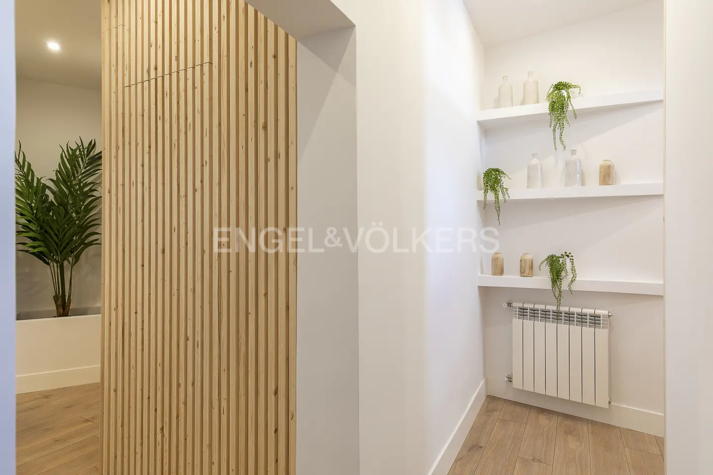 A bright hallway with a wooden slat wall, white walls, and shelves with plants and decorative bottles.