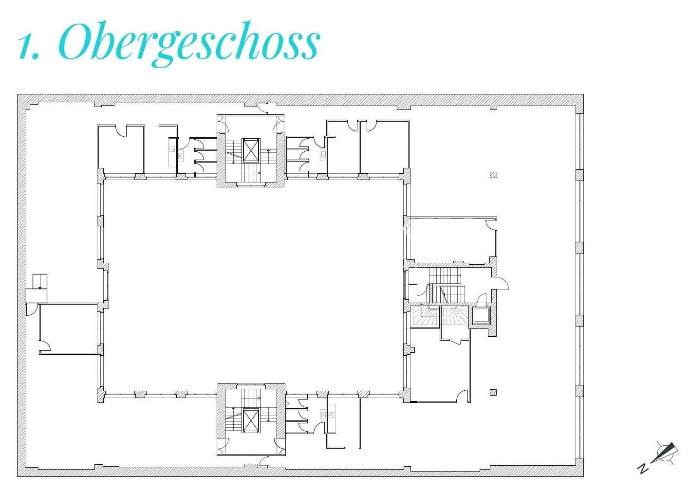 Floor plan of the 1st floor, featuring rooms, hallways, staircases, and an elevator shaft. The layout is rectangular with a central open space.