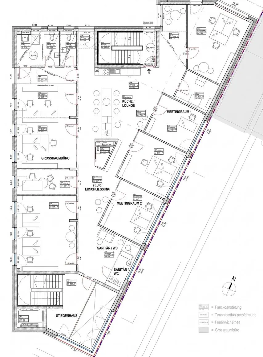 Blueprint of an office floor plan with meeting rooms, open office, kitchen/lounge, stairs, and restrooms.