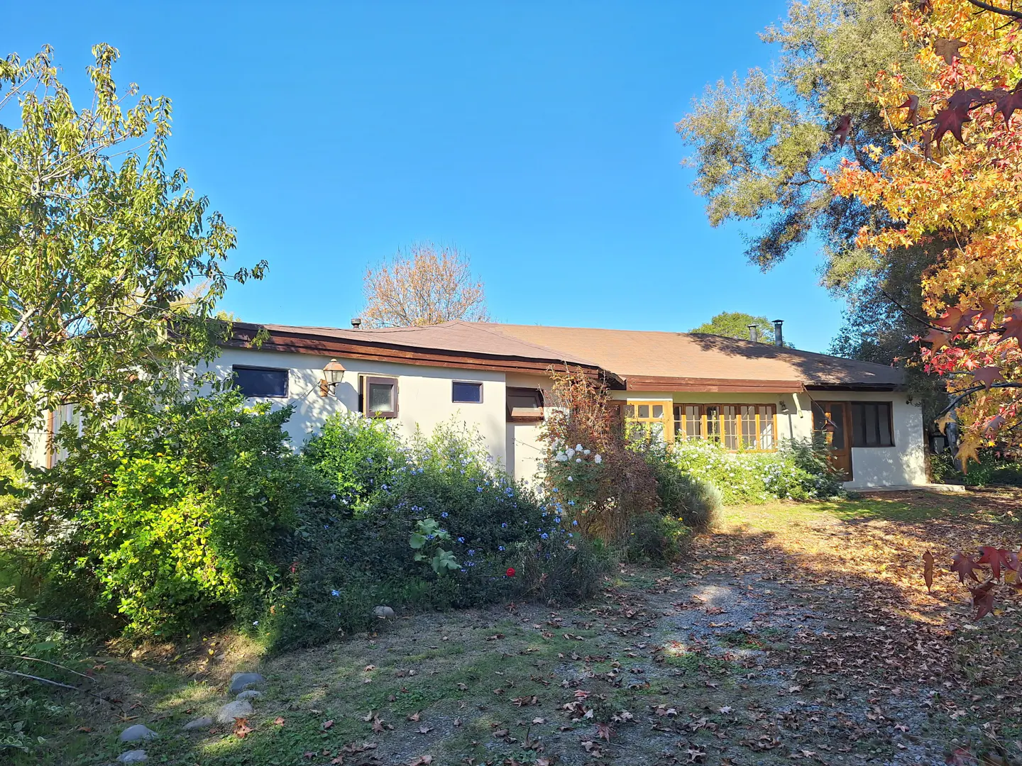 Exterior view of a single-story home with a brown roof, beige walls, and lush green landscaping under a clear blue sky.