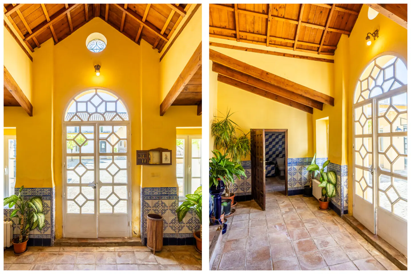 Two-panel image of a yellow foyer with white doors, blue-patterned tiles, and a wooden ceiling. Potted plants add greenery to the space.