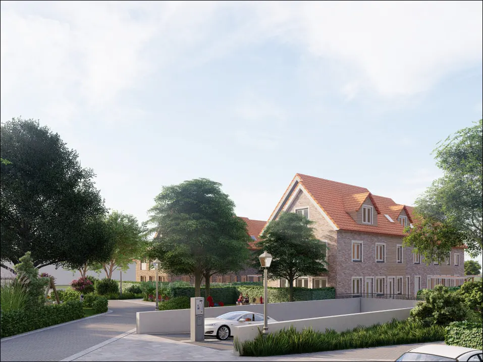 Exterior view of a brick apartment building with a red tile roof, trees, and a car parked in a garage.