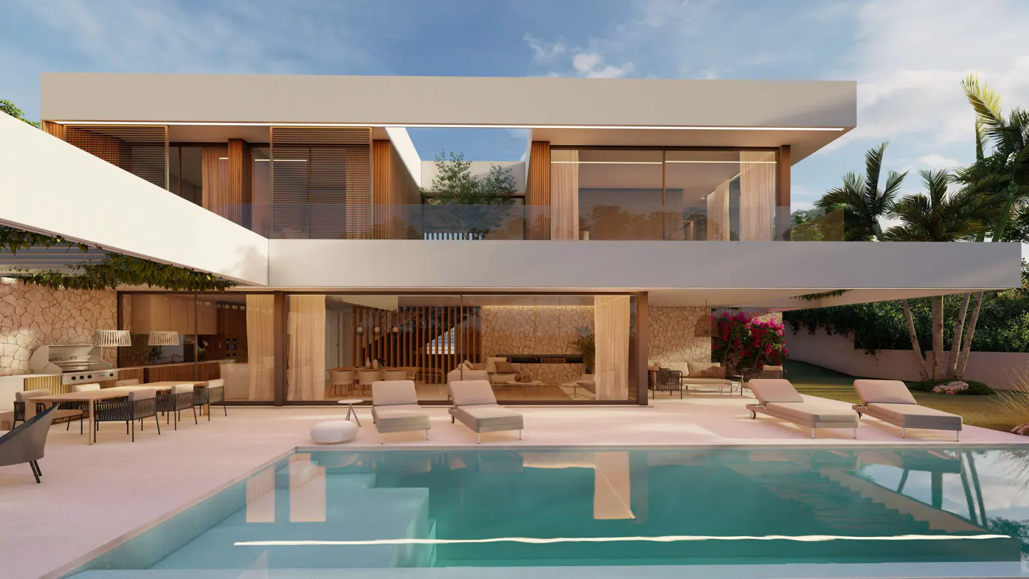 Modern two-story house with a pool. The house has large windows and a flat roof. Lounge chairs sit by the pool.