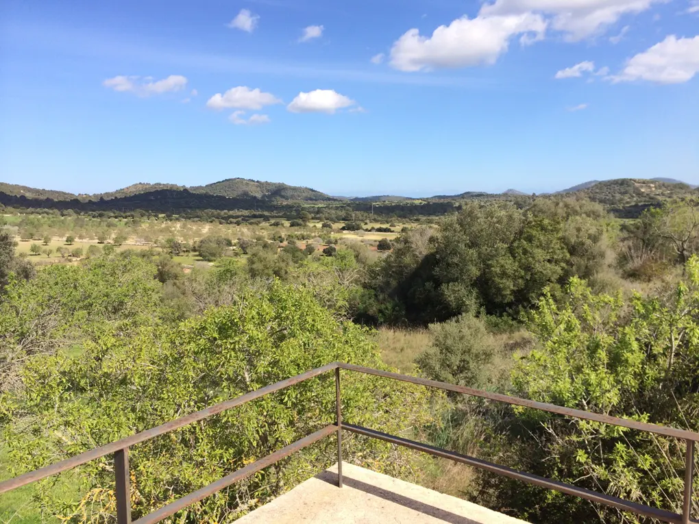 Scenic view from a balcony with green trees, fields, and distant hills under a blue sky with scattered clouds.