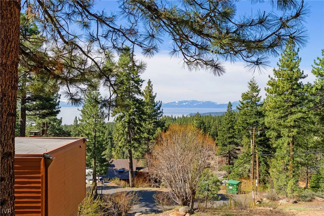 View of Lake Tahoe and mountains through pine trees. A brown building is on the left.