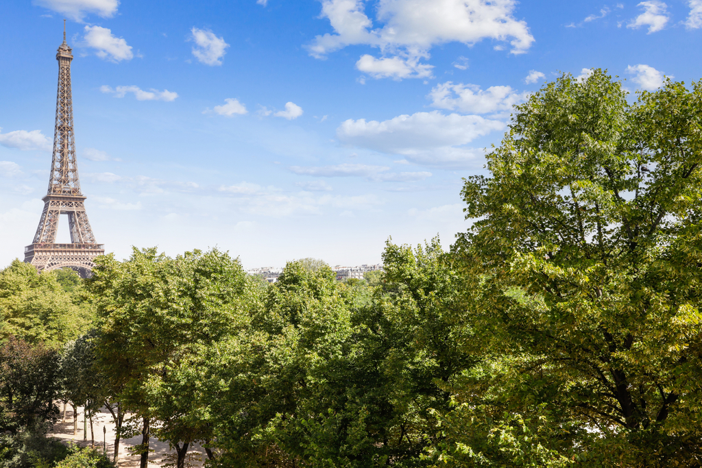 The Eiffel Tower rises above a lush green park under a bright blue sky with scattered white clouds.