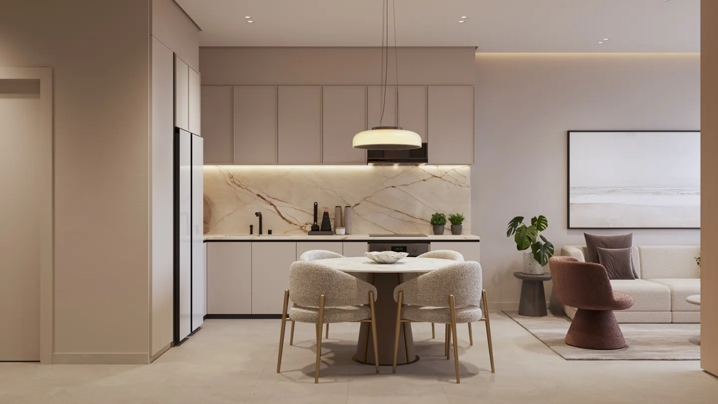 A modern apartment interior with a kitchen, dining area, and living room in neutral tones. The kitchen features marble backsplash and a round dining table.