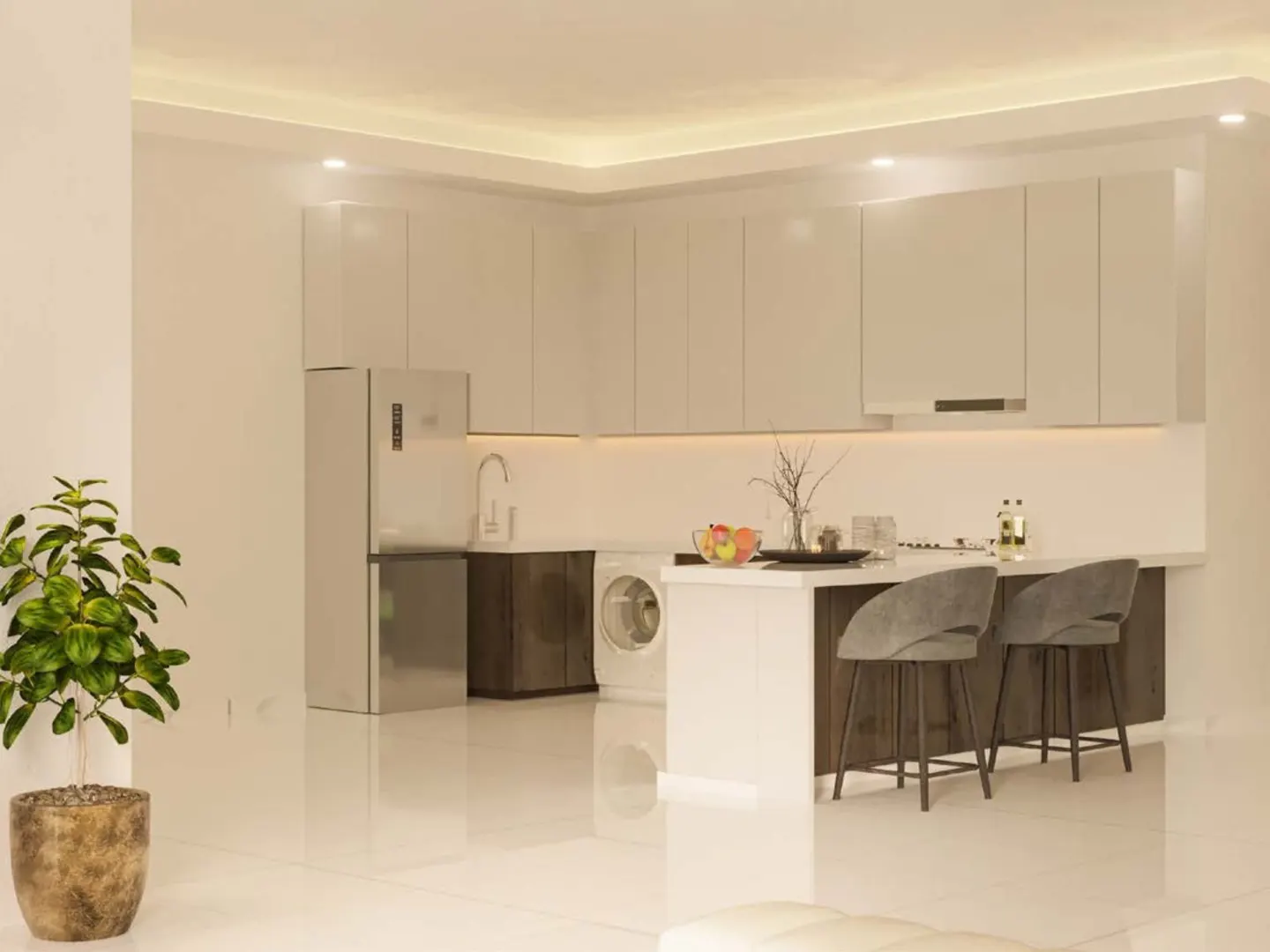 Bright, modern kitchen with white cabinets, stainless steel fridge, and island with gray stools. A potted plant sits in the foreground.