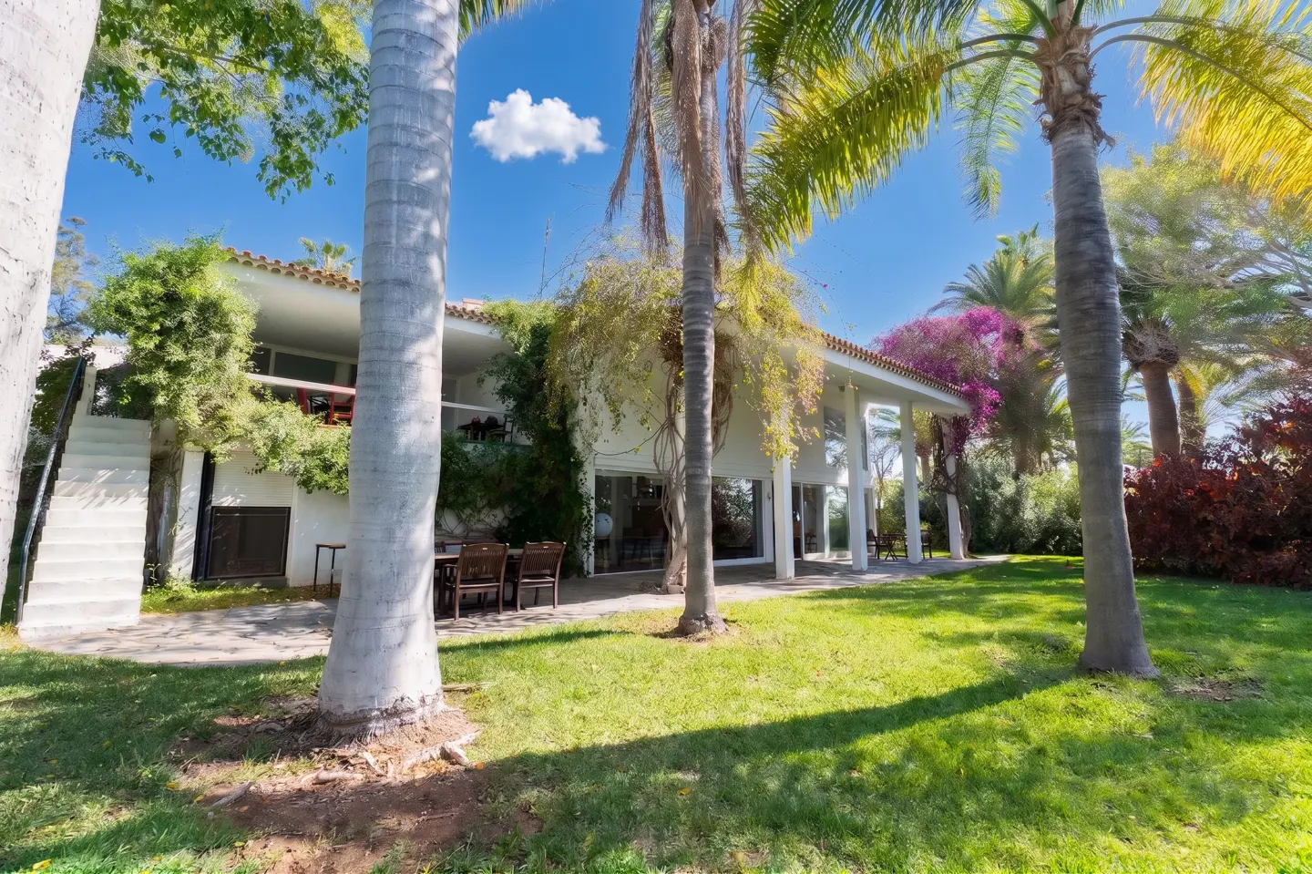 Exterior view of a white house with a red tile roof, surrounded by palm trees and green lawn.