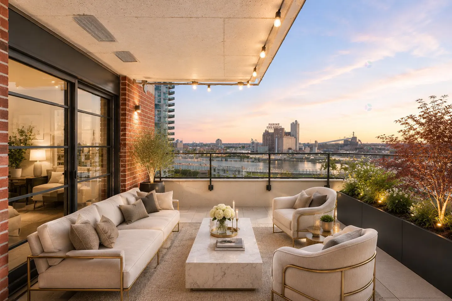 A luxury condo balcony with a cream sofa, chairs, and a marble table overlooks a city skyline at sunset.
