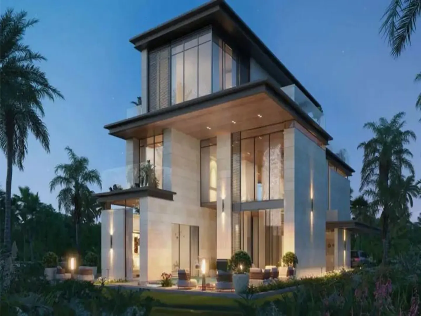 A modern, three-story home with large windows and a flat roof, surrounded by palm trees at dusk.