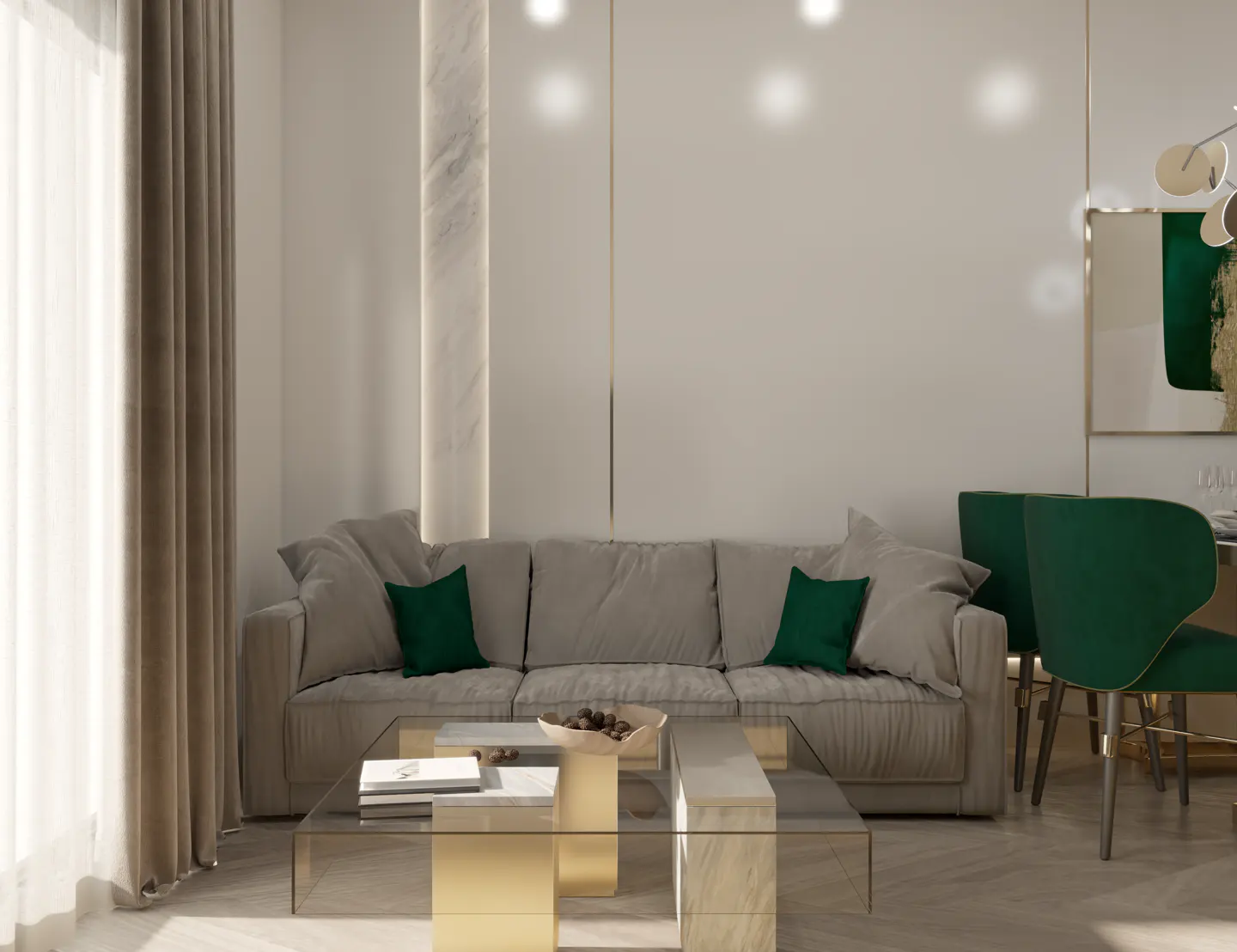 Living room with a beige sofa, green pillows, glass coffee table, and green dining chairs.