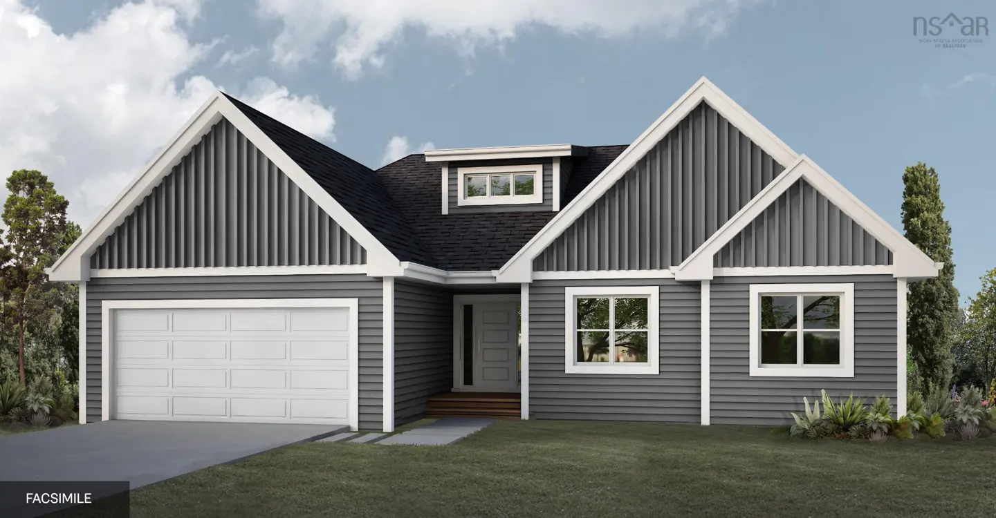 A gray, one-story house with white trim, a black roof, and a white garage door.