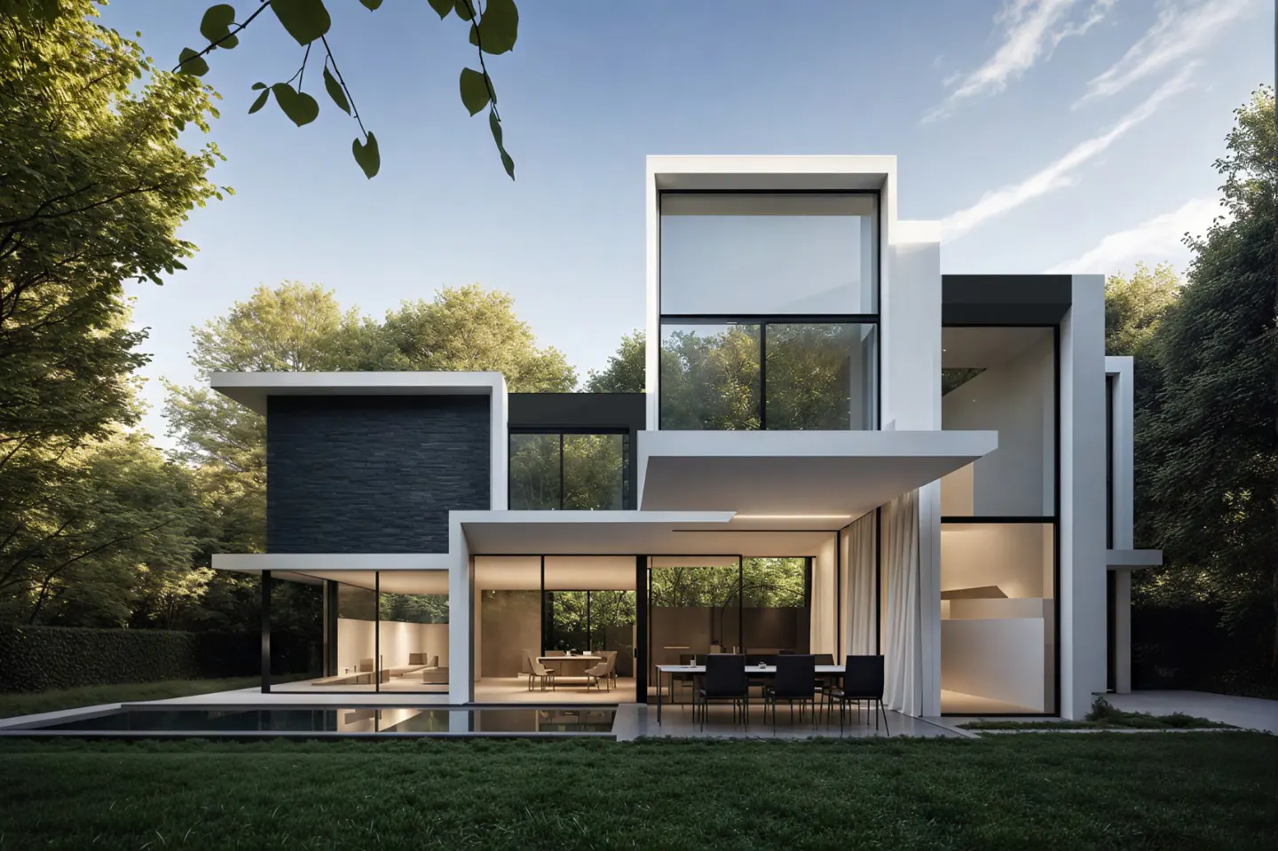 Modern white house with large windows, a pool, and green lawn. Trees surround the property under a blue sky.