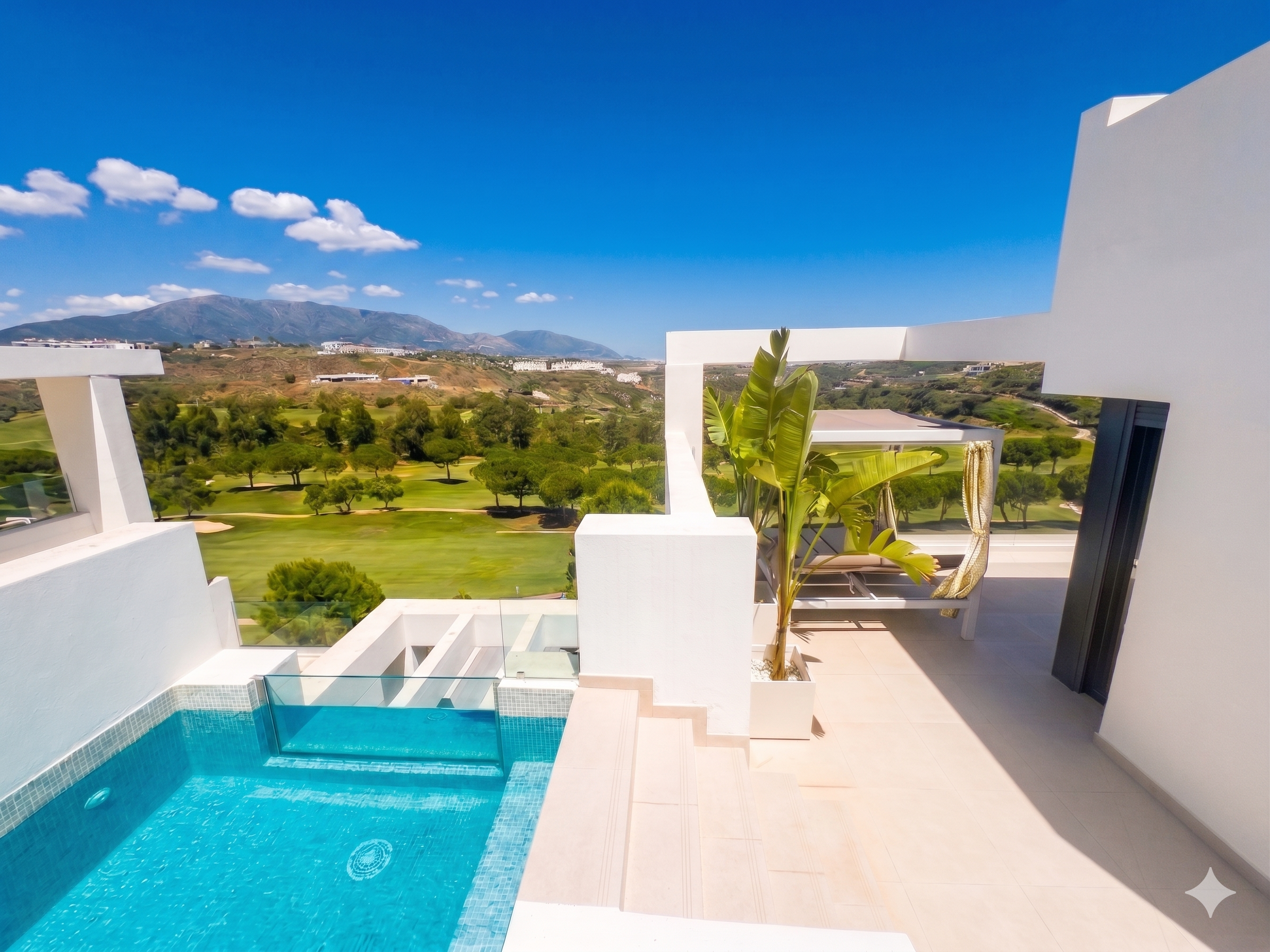 Rooftop view of a blue tiled pool, white lounge area with a canopy bed, and a green golf course under a blue sky.